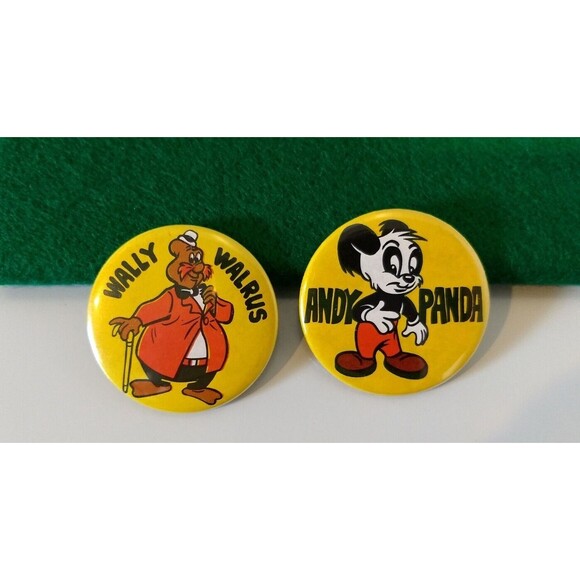 ANDY PANDA & WALLY WALRUS Walter Lantz Cartoon Character Pinback Button Pin VTG - Picture 2 of 11
